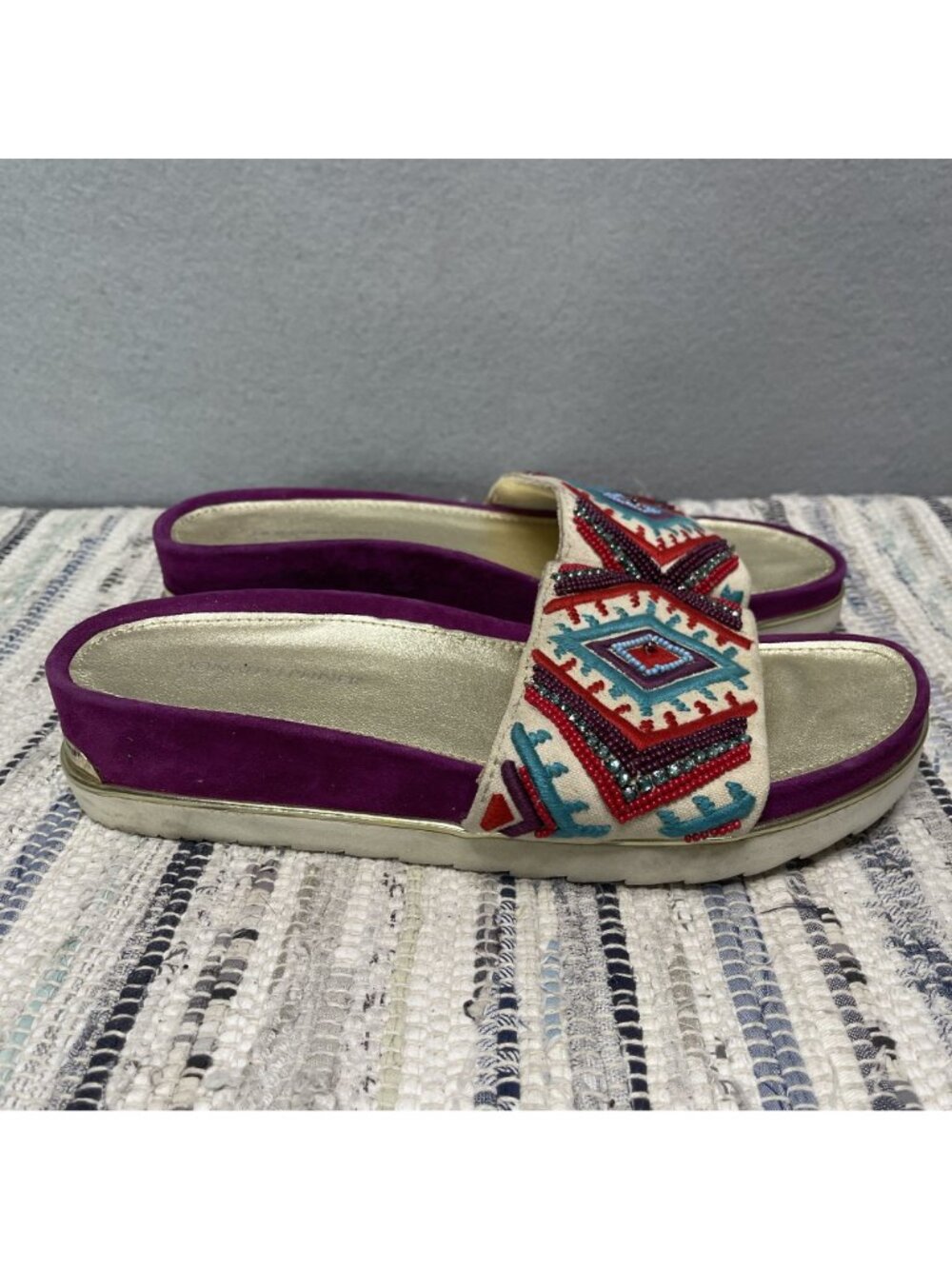 Donald Pliner Womens Purple & Gold Embellished Sandals Beaded Aztec Design 8 - Picture 2 of 10